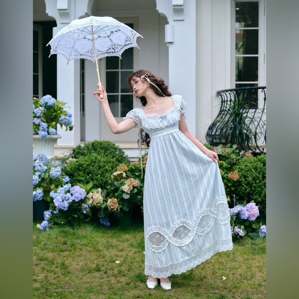 Lacemade White and Blue Striped Empire Waist Dress